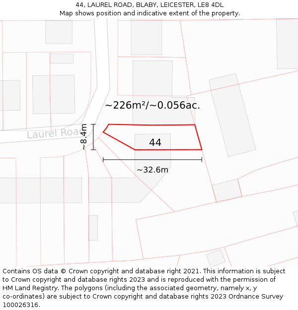 44, LAUREL ROAD, BLABY, LEICESTER, LE8 4DL: Plot and title map