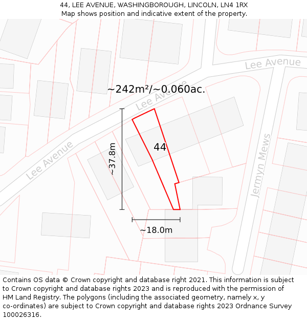 44, LEE AVENUE, WASHINGBOROUGH, LINCOLN, LN4 1RX: Plot and title map