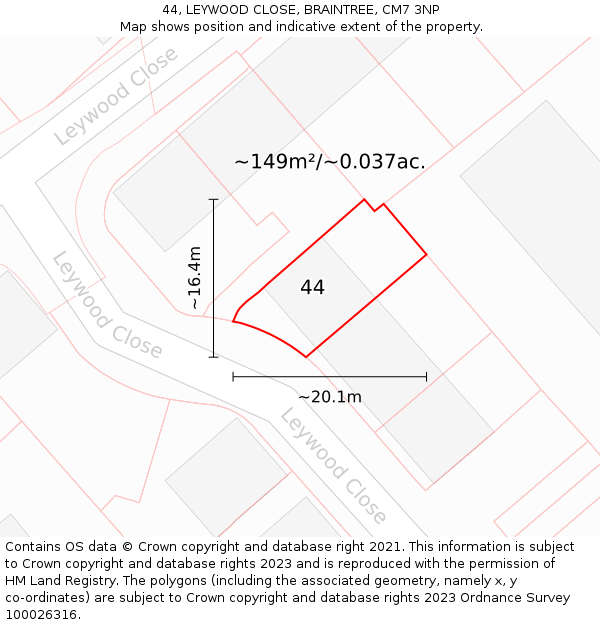44, LEYWOOD CLOSE, BRAINTREE, CM7 3NP: Plot and title map