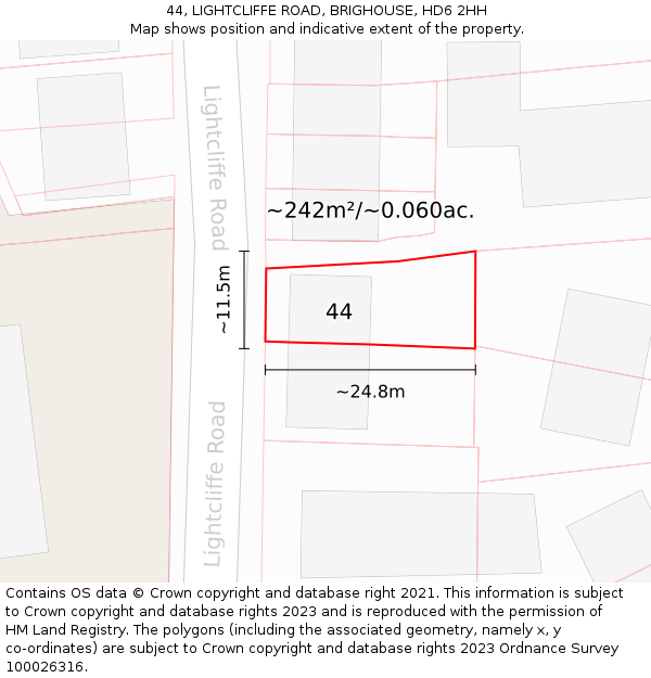 44, LIGHTCLIFFE ROAD, BRIGHOUSE, HD6 2HH: Plot and title map