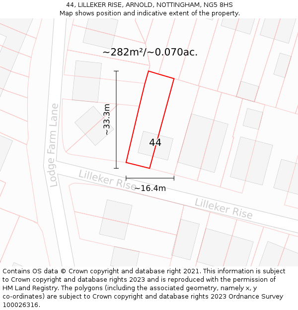 44, LILLEKER RISE, ARNOLD, NOTTINGHAM, NG5 8HS: Plot and title map