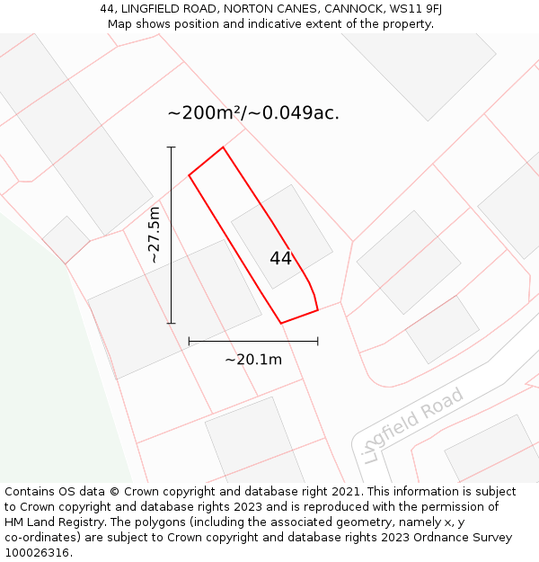 44, LINGFIELD ROAD, NORTON CANES, CANNOCK, WS11 9FJ: Plot and title map