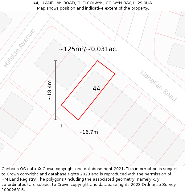 44, LLANELIAN ROAD, OLD COLWYN, COLWYN BAY, LL29 9UA: Plot and title map