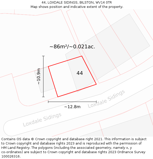 44, LOXDALE SIDINGS, BILSTON, WV14 0TR: Plot and title map