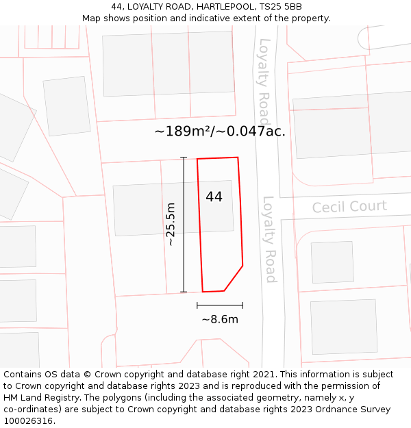 44, LOYALTY ROAD, HARTLEPOOL, TS25 5BB: Plot and title map