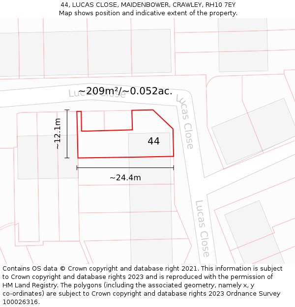 44, LUCAS CLOSE, MAIDENBOWER, CRAWLEY, RH10 7EY: Plot and title map