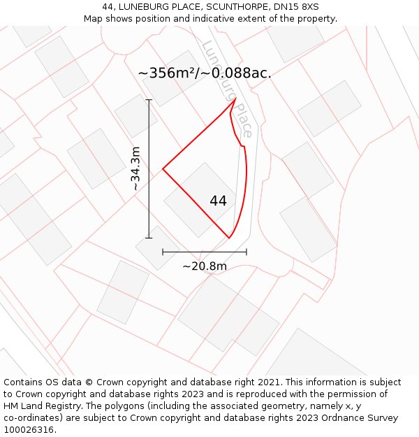 44, LUNEBURG PLACE, SCUNTHORPE, DN15 8XS: Plot and title map
