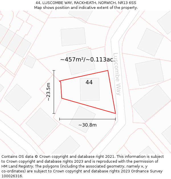 44, LUSCOMBE WAY, RACKHEATH, NORWICH, NR13 6SS: Plot and title map