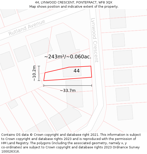 44, LYNWOOD CRESCENT, PONTEFRACT, WF8 3QX: Plot and title map