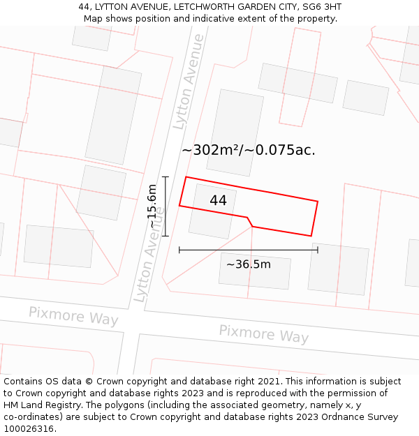 44, LYTTON AVENUE, LETCHWORTH GARDEN CITY, SG6 3HT: Plot and title map