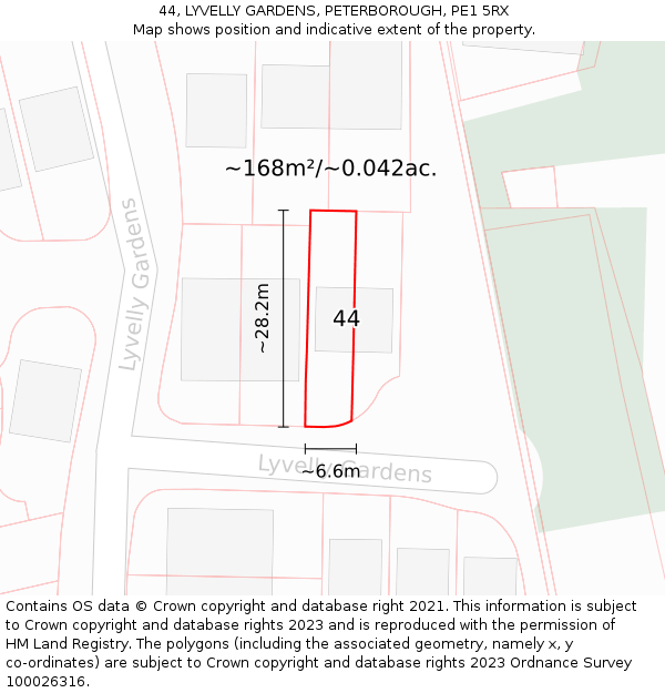 44, LYVELLY GARDENS, PETERBOROUGH, PE1 5RX: Plot and title map