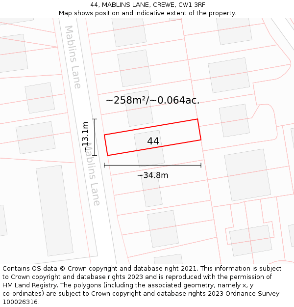 44, MABLINS LANE, CREWE, CW1 3RF: Plot and title map