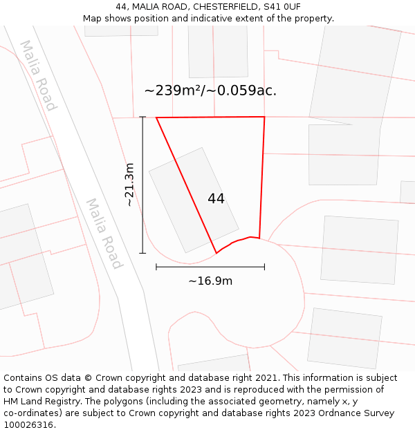 44, MALIA ROAD, CHESTERFIELD, S41 0UF: Plot and title map