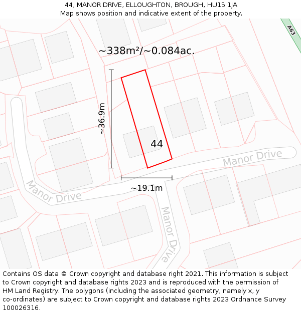 44, MANOR DRIVE, ELLOUGHTON, BROUGH, HU15 1JA: Plot and title map