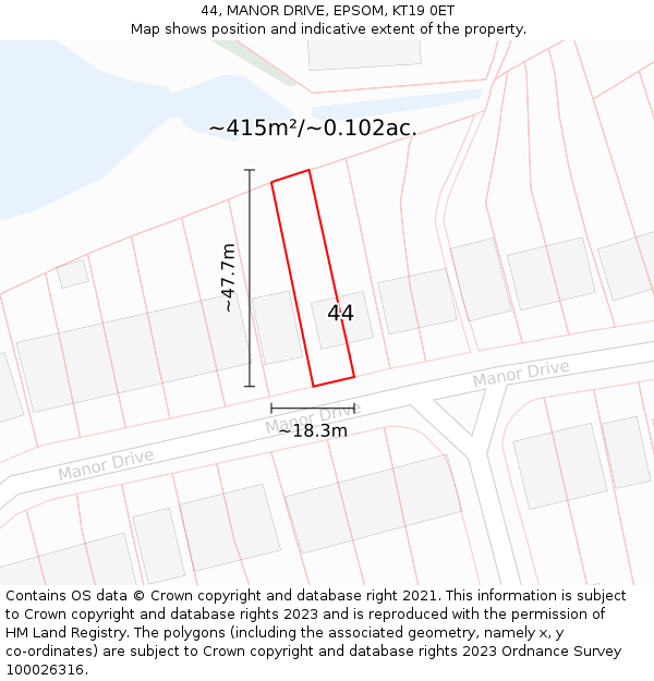 44, MANOR DRIVE, EPSOM, KT19 0ET: Plot and title map