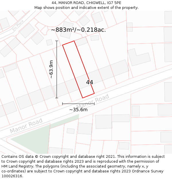 44, MANOR ROAD, CHIGWELL, IG7 5PE: Plot and title map