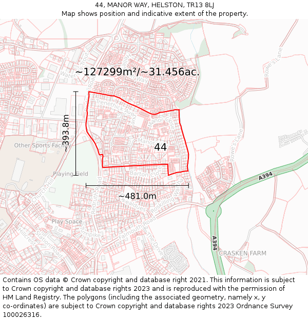 44, MANOR WAY, HELSTON, TR13 8LJ: Plot and title map