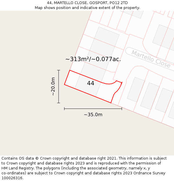 44, MARTELLO CLOSE, GOSPORT, PO12 2TD: Plot and title map