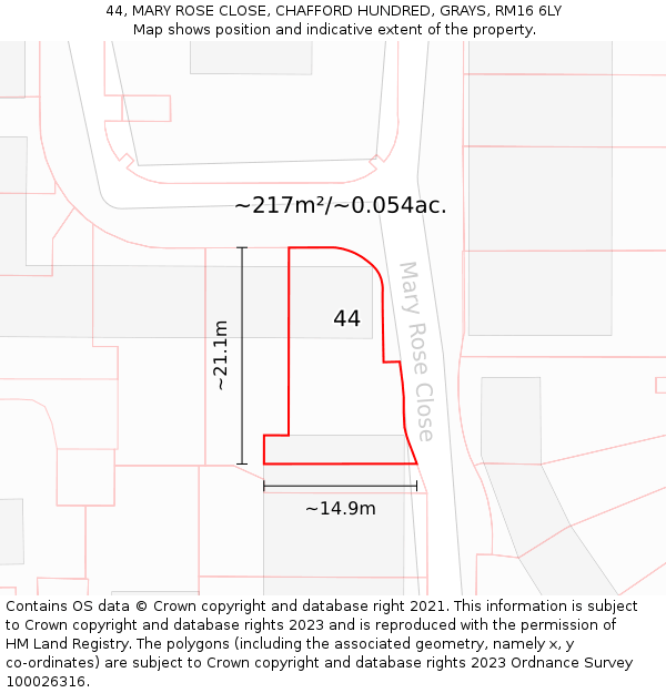 44, MARY ROSE CLOSE, CHAFFORD HUNDRED, GRAYS, RM16 6LY: Plot and title map