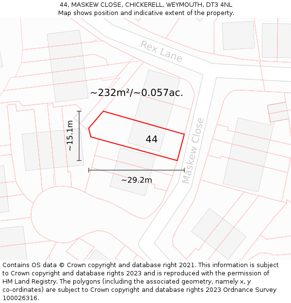 44, MASKEW CLOSE, CHICKERELL, WEYMOUTH, DT3 4NL: Plot and title map