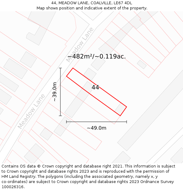 44, MEADOW LANE, COALVILLE, LE67 4DL: Plot and title map