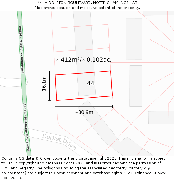 44, MIDDLETON BOULEVARD, NOTTINGHAM, NG8 1AB: Plot and title map