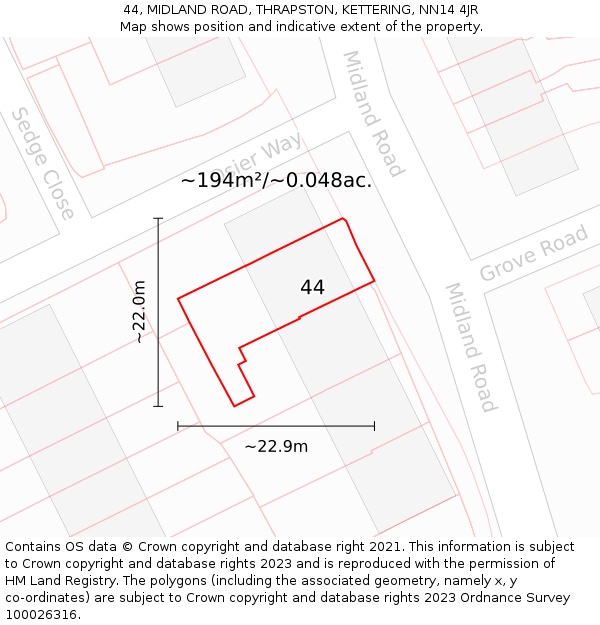 44, MIDLAND ROAD, THRAPSTON, KETTERING, NN14 4JR: Plot and title map