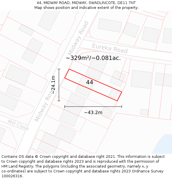 44, MIDWAY ROAD, MIDWAY, SWADLINCOTE, DE11 7NT: Plot and title map