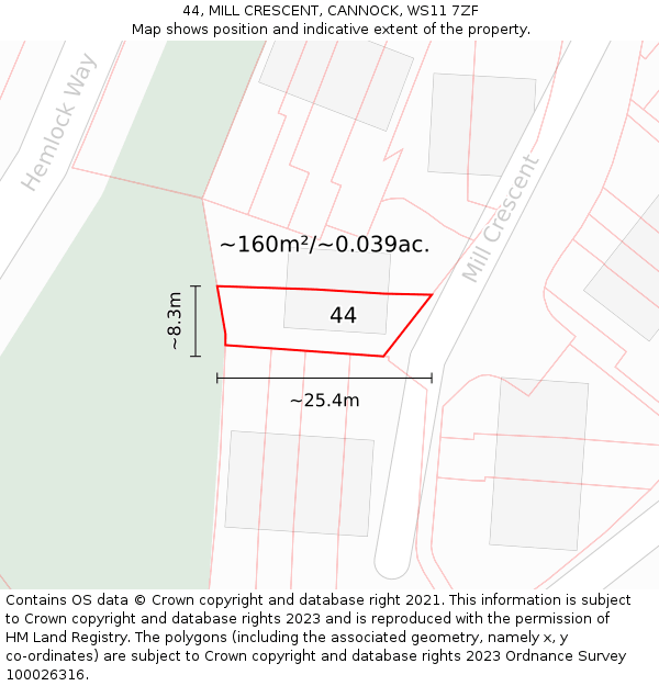 44, MILL CRESCENT, CANNOCK, WS11 7ZF: Plot and title map