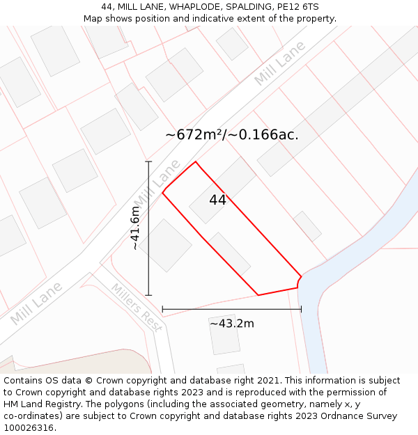 44, MILL LANE, WHAPLODE, SPALDING, PE12 6TS: Plot and title map