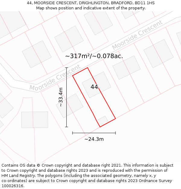 44, MOORSIDE CRESCENT, DRIGHLINGTON, BRADFORD, BD11 1HS: Plot and title map