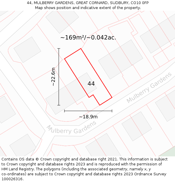 44, MULBERRY GARDENS, GREAT CORNARD, SUDBURY, CO10 0FP: Plot and title map