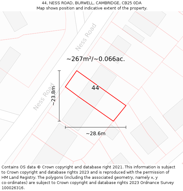 44, NESS ROAD, BURWELL, CAMBRIDGE, CB25 0DA: Plot and title map