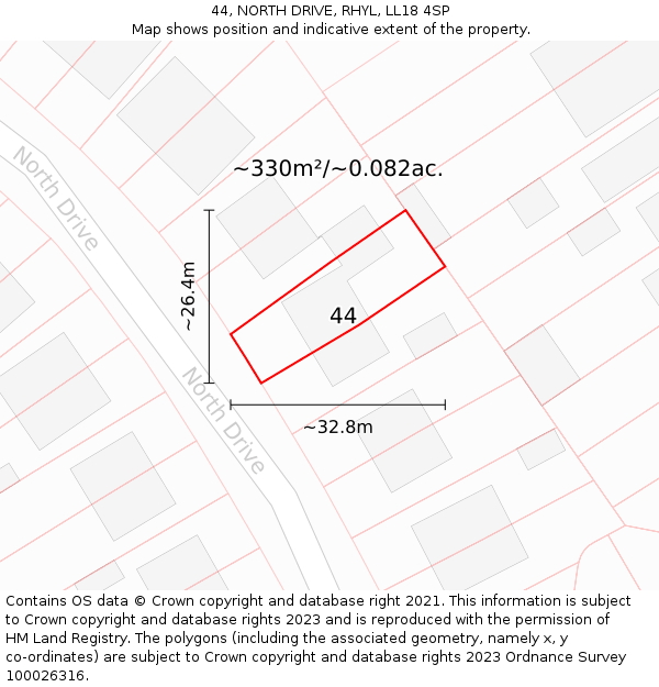 44, NORTH DRIVE, RHYL, LL18 4SP: Plot and title map