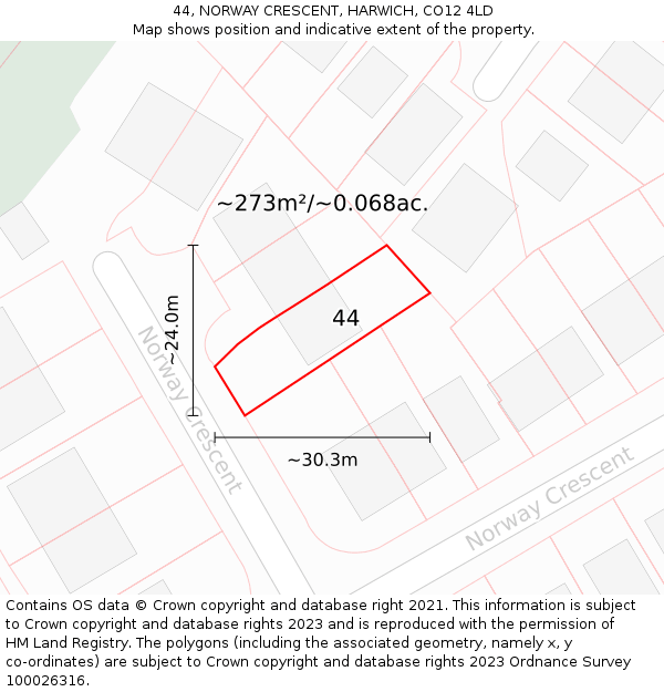 44, NORWAY CRESCENT, HARWICH, CO12 4LD: Plot and title map