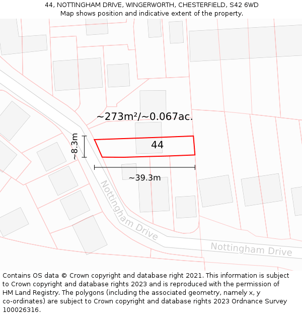 44, NOTTINGHAM DRIVE, WINGERWORTH, CHESTERFIELD, S42 6WD: Plot and title map