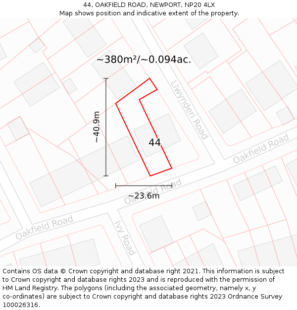 44, OAKFIELD ROAD, NEWPORT, NP20 4LX: Plot and title map