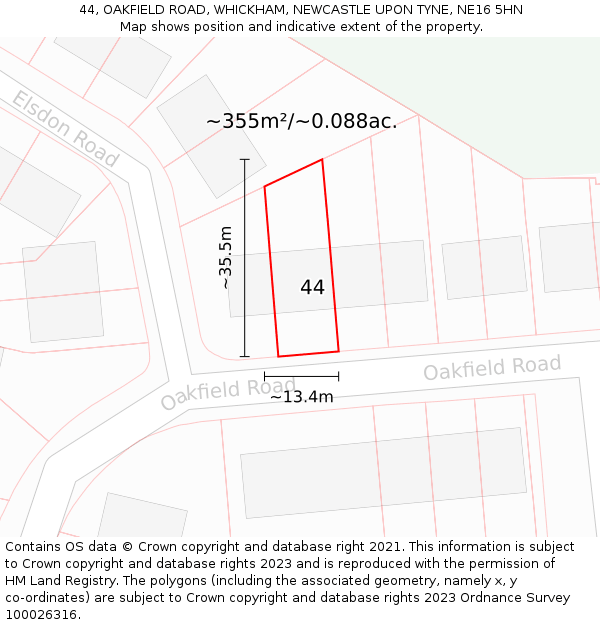 44, OAKFIELD ROAD, WHICKHAM, NEWCASTLE UPON TYNE, NE16 5HN: Plot and title map