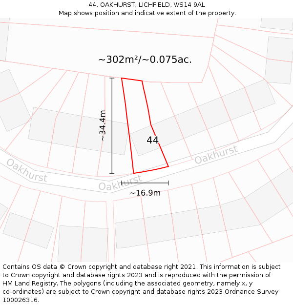 44, OAKHURST, LICHFIELD, WS14 9AL: Plot and title map