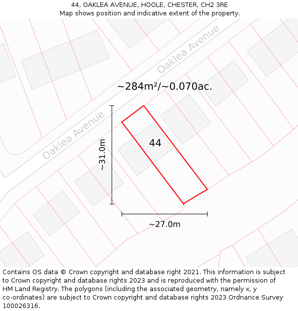 44, OAKLEA AVENUE, HOOLE, CHESTER, CH2 3RE: Plot and title map