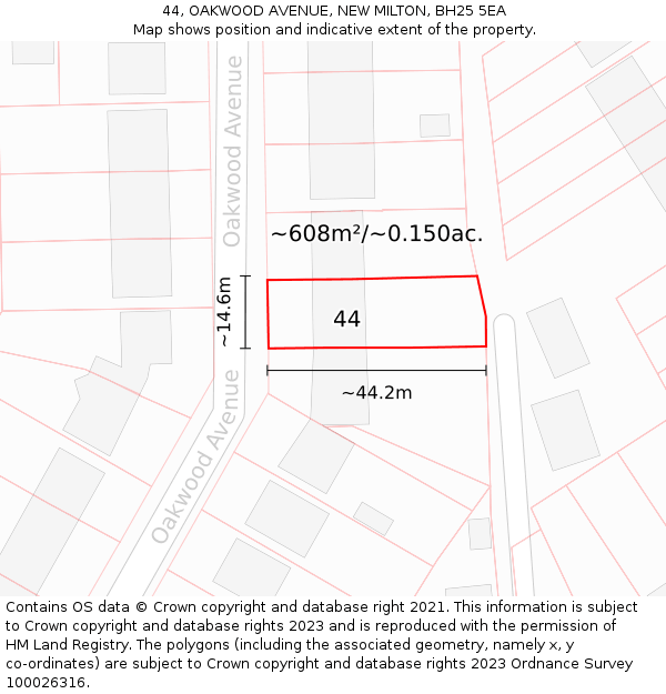 44, OAKWOOD AVENUE, NEW MILTON, BH25 5EA: Plot and title map