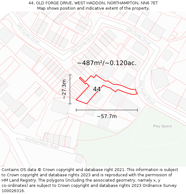 44, OLD FORGE DRIVE, WEST HADDON, NORTHAMPTON, NN6 7ET: Plot and title map