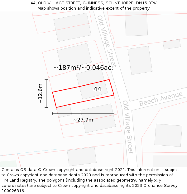 44, OLD VILLAGE STREET, GUNNESS, SCUNTHORPE, DN15 8TW: Plot and title map