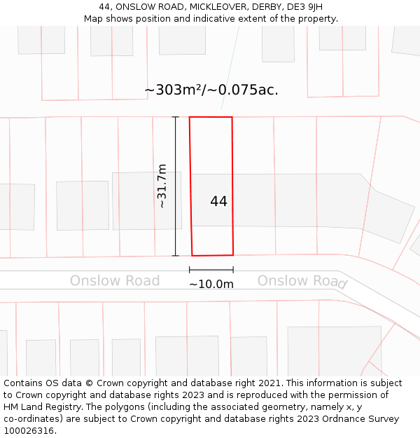 44, ONSLOW ROAD, MICKLEOVER, DERBY, DE3 9JH: Plot and title map