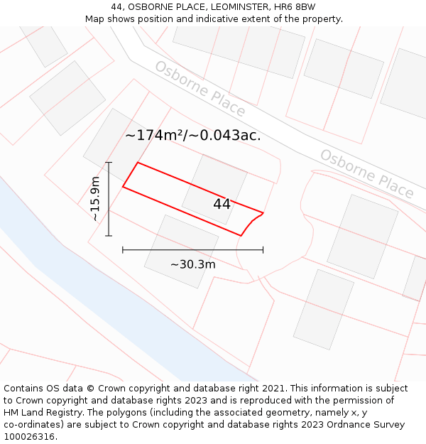 44, OSBORNE PLACE, LEOMINSTER, HR6 8BW: Plot and title map