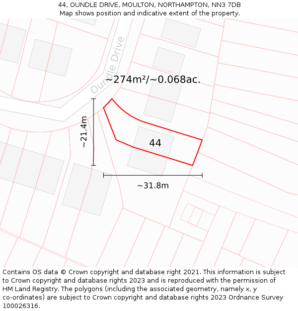 44, OUNDLE DRIVE, MOULTON, NORTHAMPTON, NN3 7DB: Plot and title map