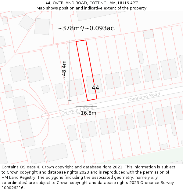 44, OVERLAND ROAD, COTTINGHAM, HU16 4PZ: Plot and title map