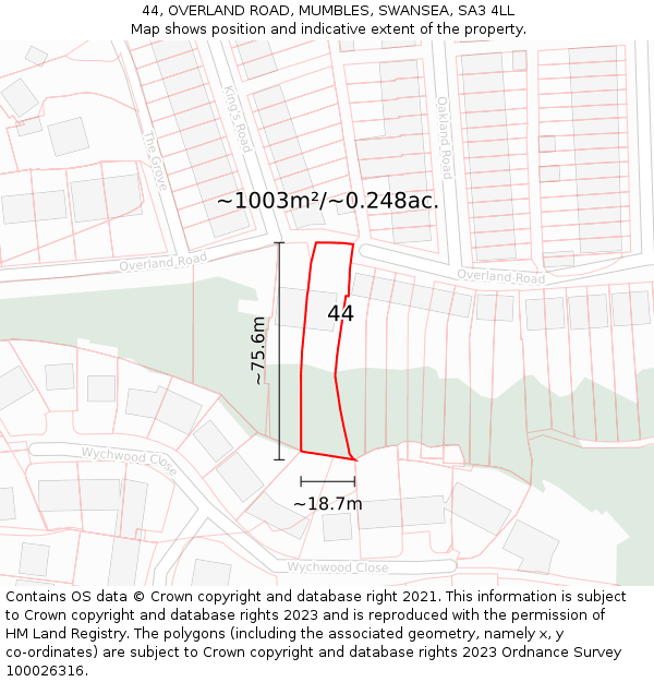 44, OVERLAND ROAD, MUMBLES, SWANSEA, SA3 4LL: Plot and title map