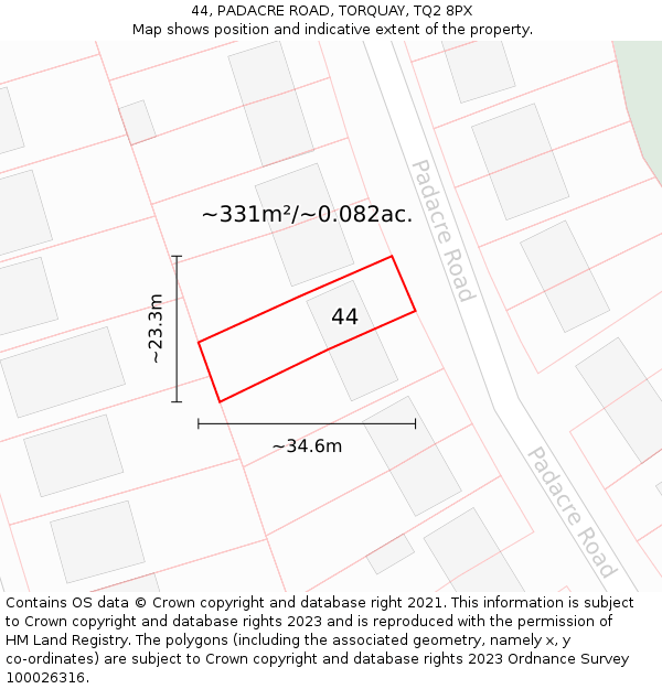 44, PADACRE ROAD, TORQUAY, TQ2 8PX: Plot and title map