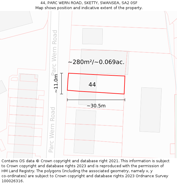 44, PARC WERN ROAD, SKETTY, SWANSEA, SA2 0SF: Plot and title map